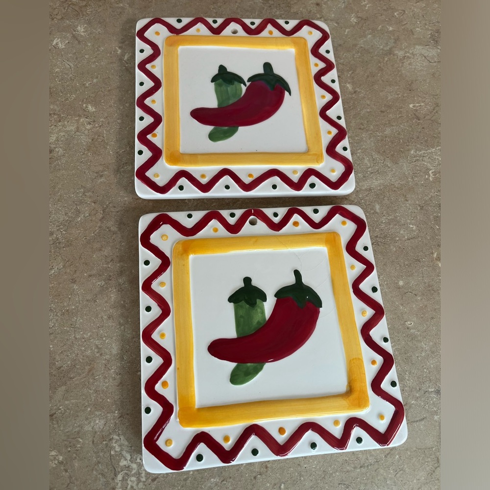 Hand-Painted Red Chili Pepper Ceramic Wall Plaque - Set of 2
